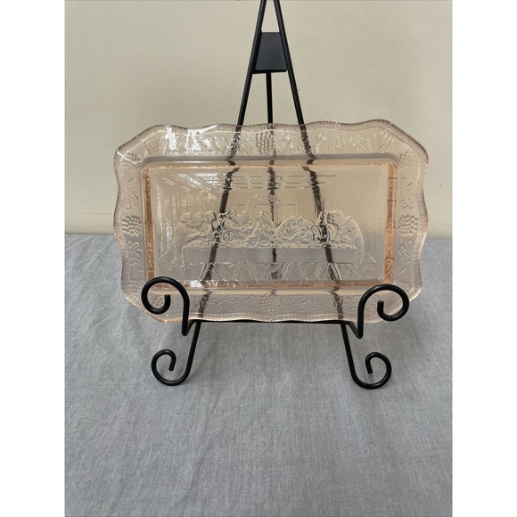 The Last Supper Vintage Tiara Indiana Glass Bread Plate Tray Pink 11" x 7" Chrty - Picture 4 of 9